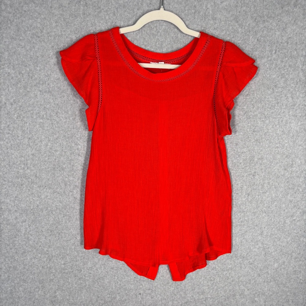 MINE Flutter Sleeve Gauze Top Medium Red Orange Button Back Crochet Trim Boho